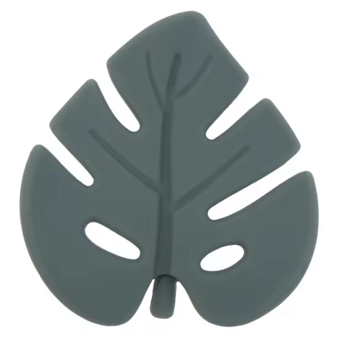 Single dark green silicone leaf teether on white background.
