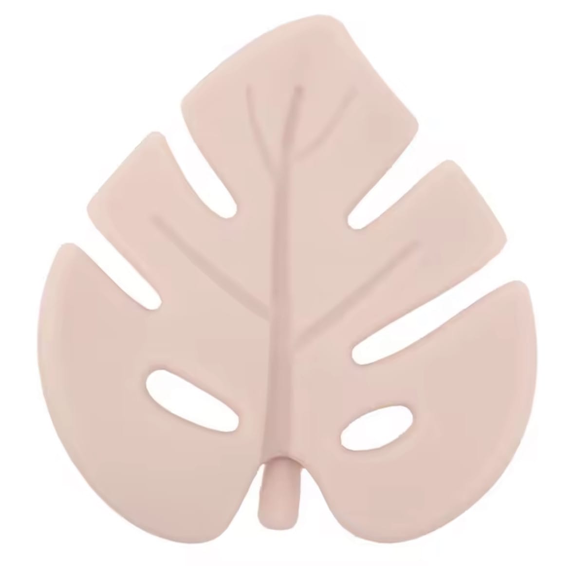 Single blush pink silicone leaf teether on white background.