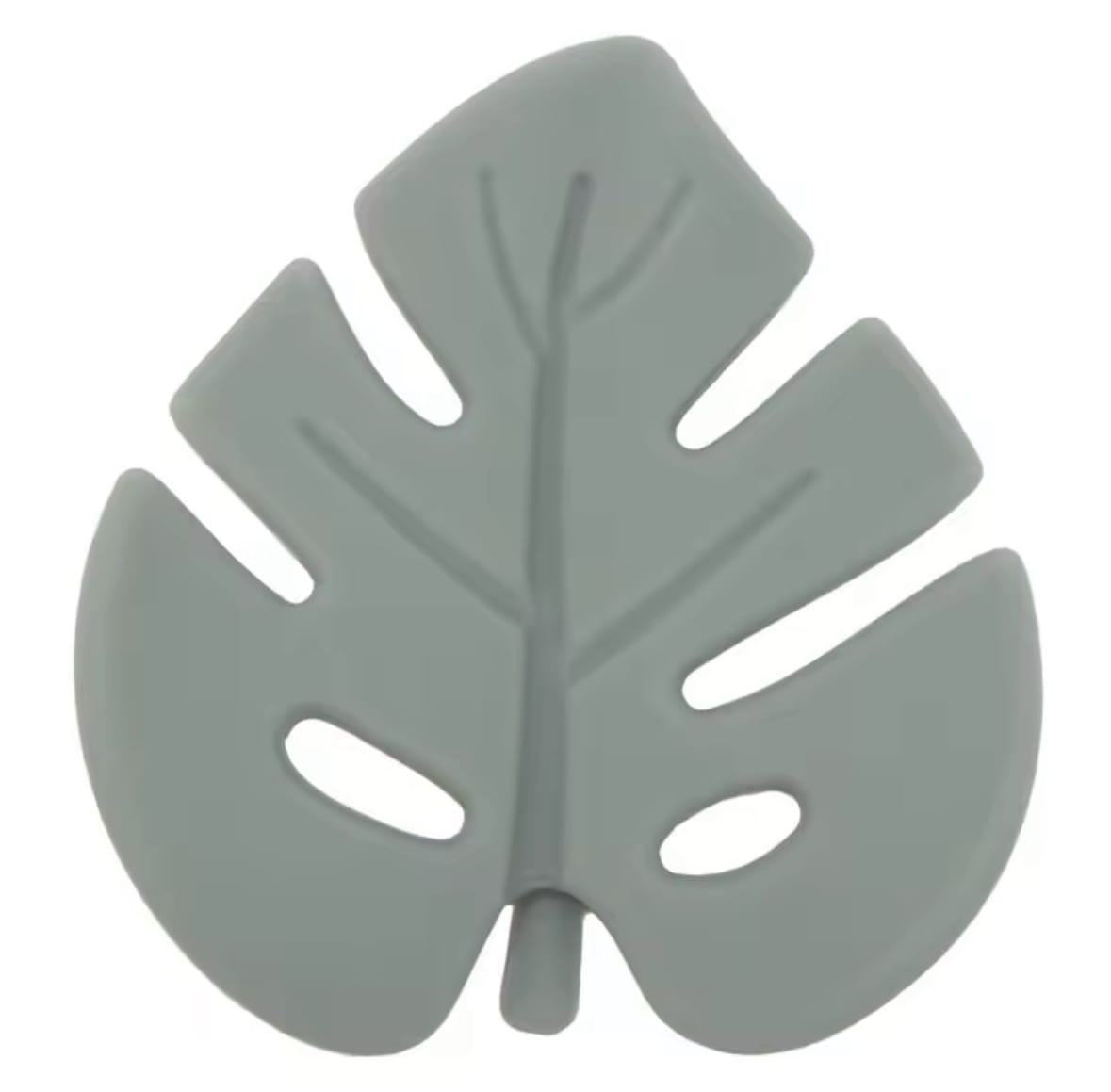 Single sage green silicone leaf teether on white background.