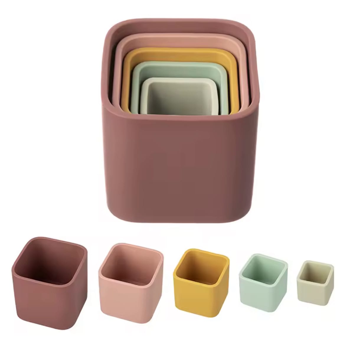Warm tone set
“Set of 5 silicone stacking cups in earthy colours including pink, mustard, and green nested together.