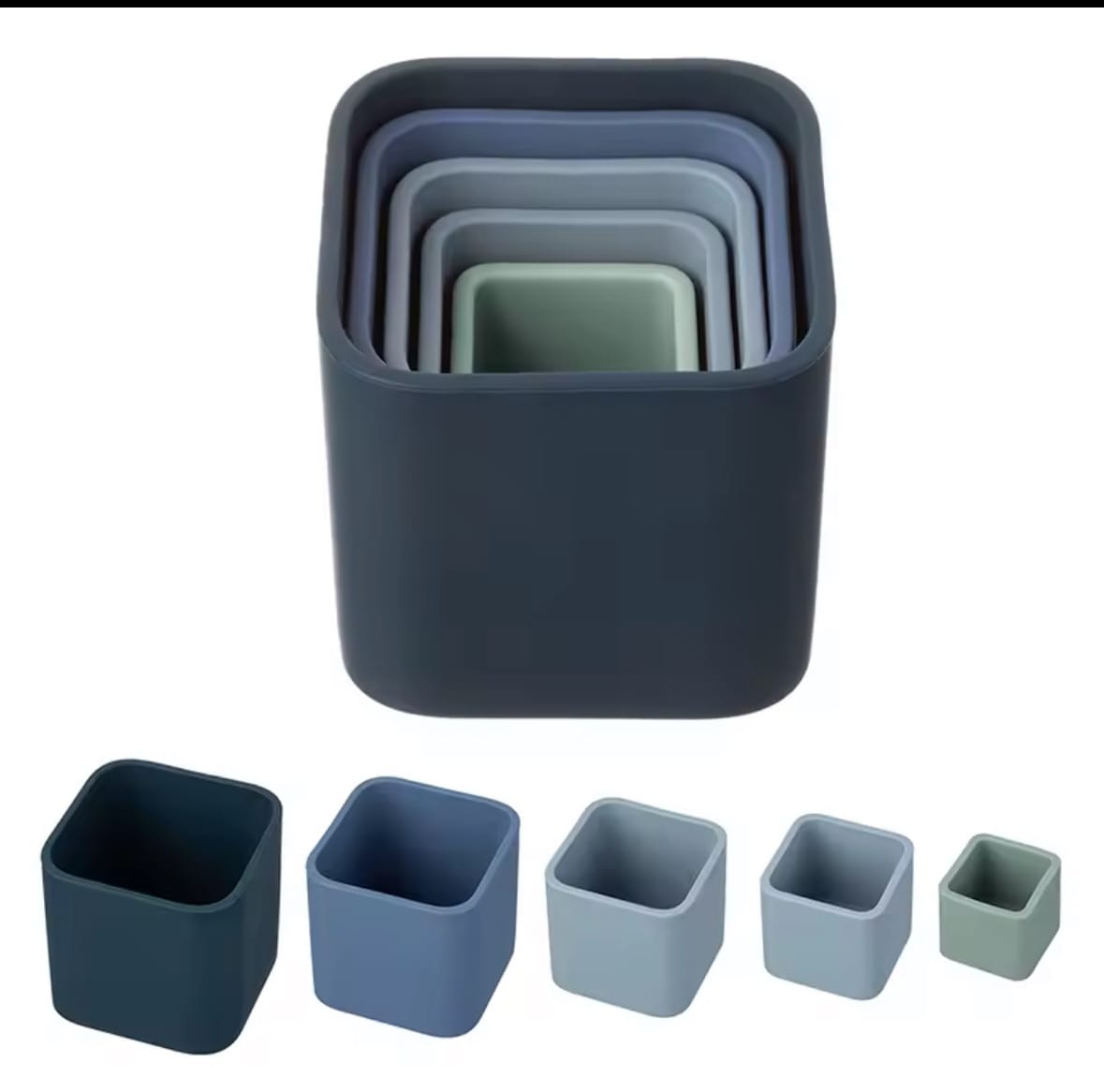 Blue tone set
“Set of 5 silicone stacking cups in blue and green tones nested together and shown separately.