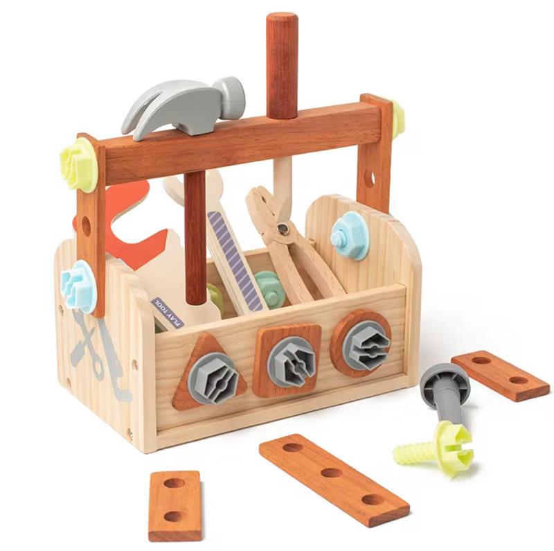 Tinker Trunk wooden toolbox packed with toy hammer, spanner, pliers, bolts, and gears for interactive building fun.