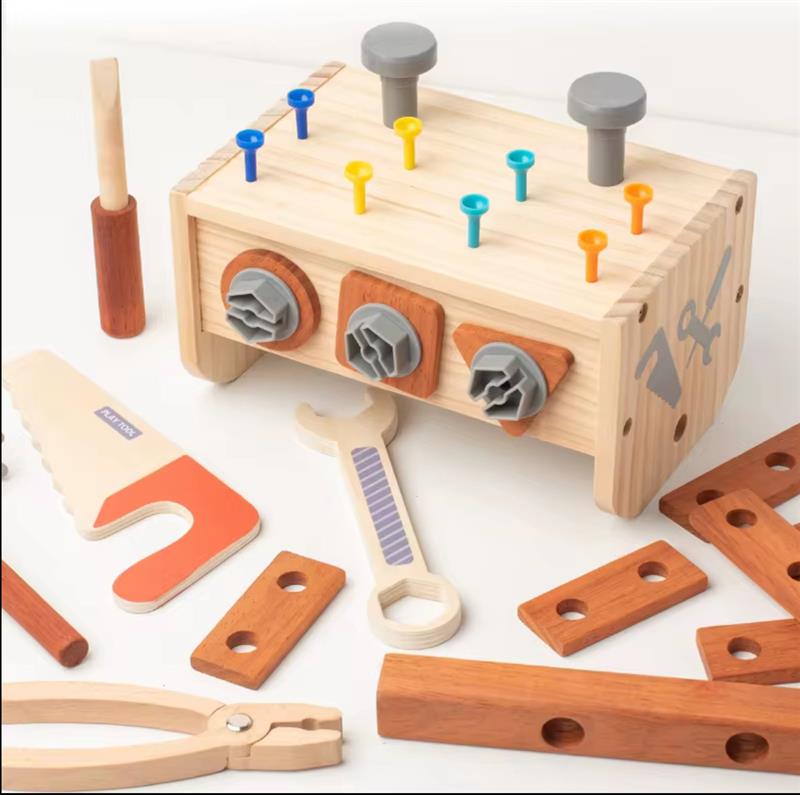 Wooden toy toolbox set displayed with colorful screws, bolts, and tools designed for creative pretend play.