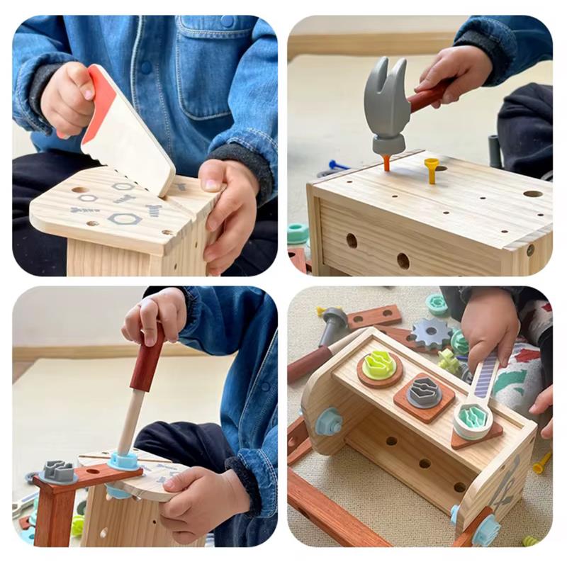 Children using the Tinker Trunk wooden tool set, practicing hammering, screwing, and assembling pieces.