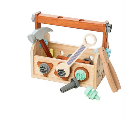 Wooden toy tool set with a sturdy toolbox, play hammer, spanner, screws, and bolts for kids’ imaginative play.