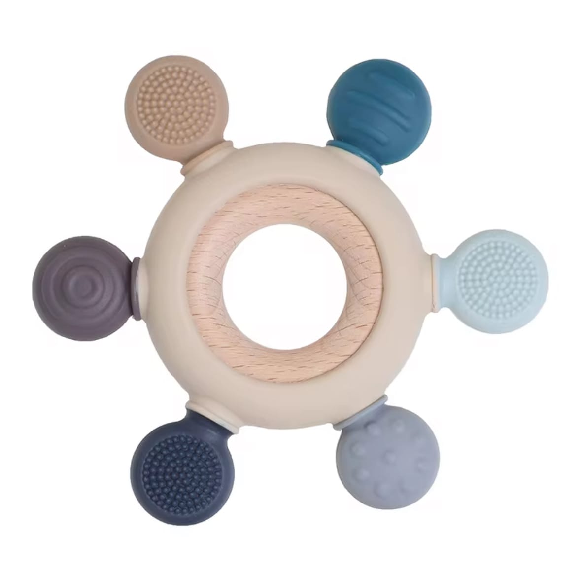 Round wooden teether with six silicone sensory ends in blue, grey, and neutral shades, each with textured patterns for chewing.